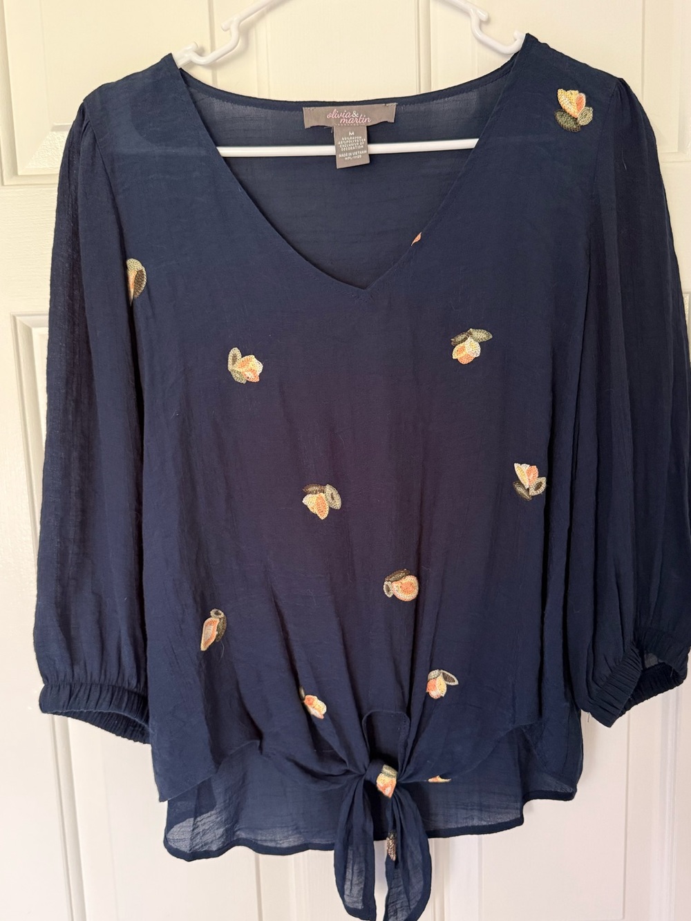 Darling V-Neck Navy Tie-Front Blouse with Peach Embroidery